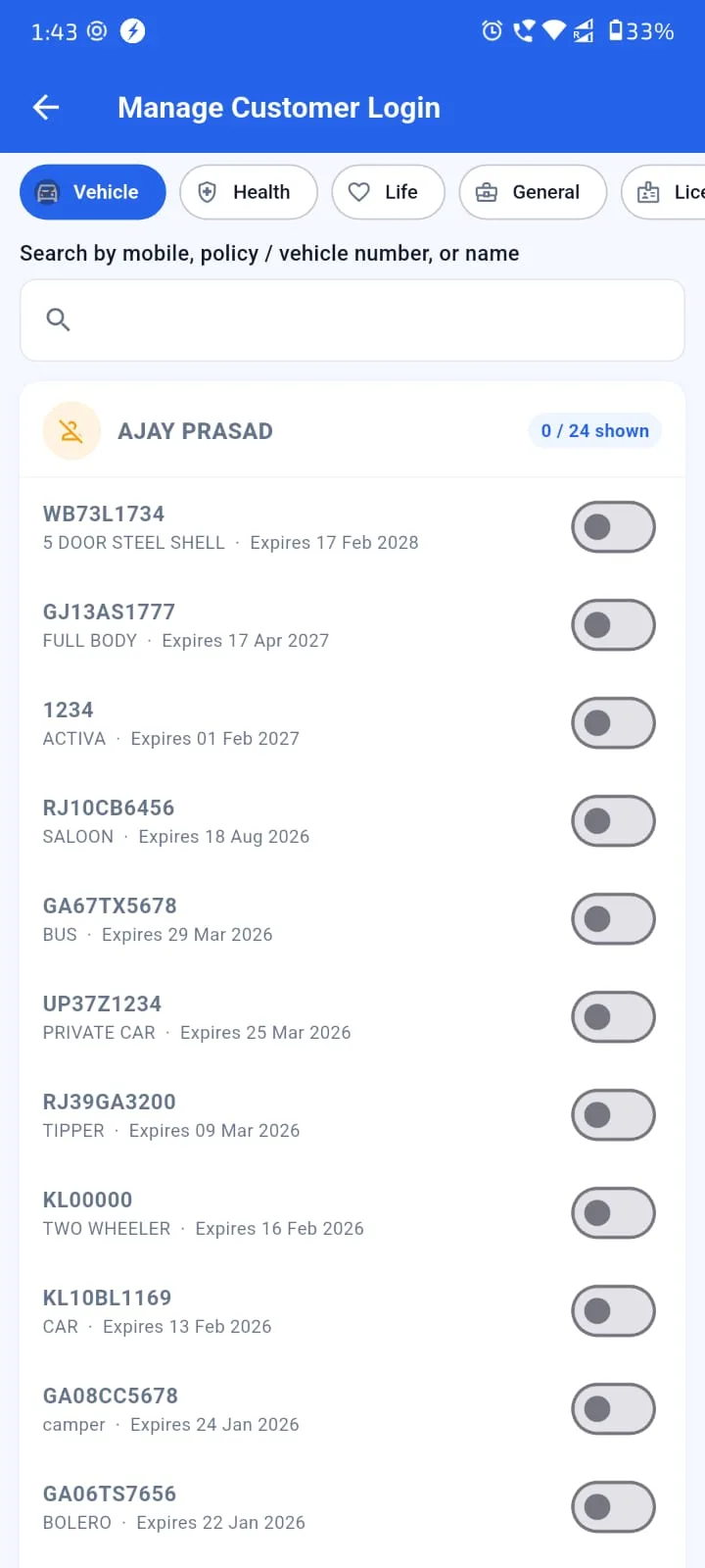 Agenex customer self-service portal Android view — clients log in to see their own policies and document vault