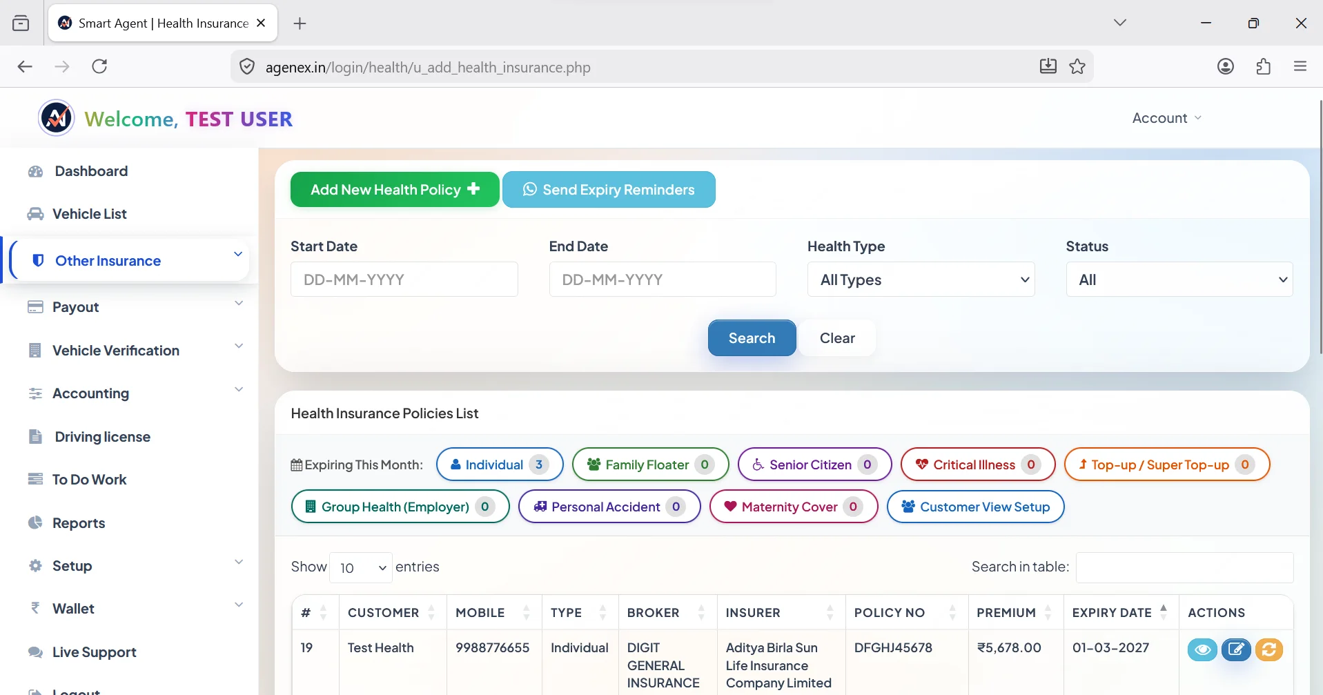 Agenex health insurance portfolio tracker desktop — sum insured, family floater, riders, renewal alerts