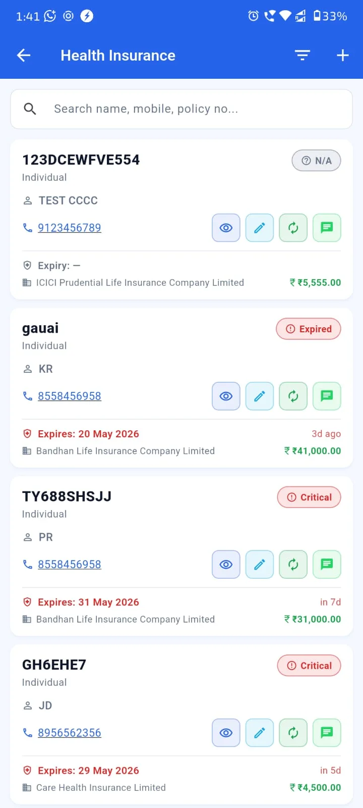 Agenex health insurance Mobile app — portfolio with riders and renewal alerts