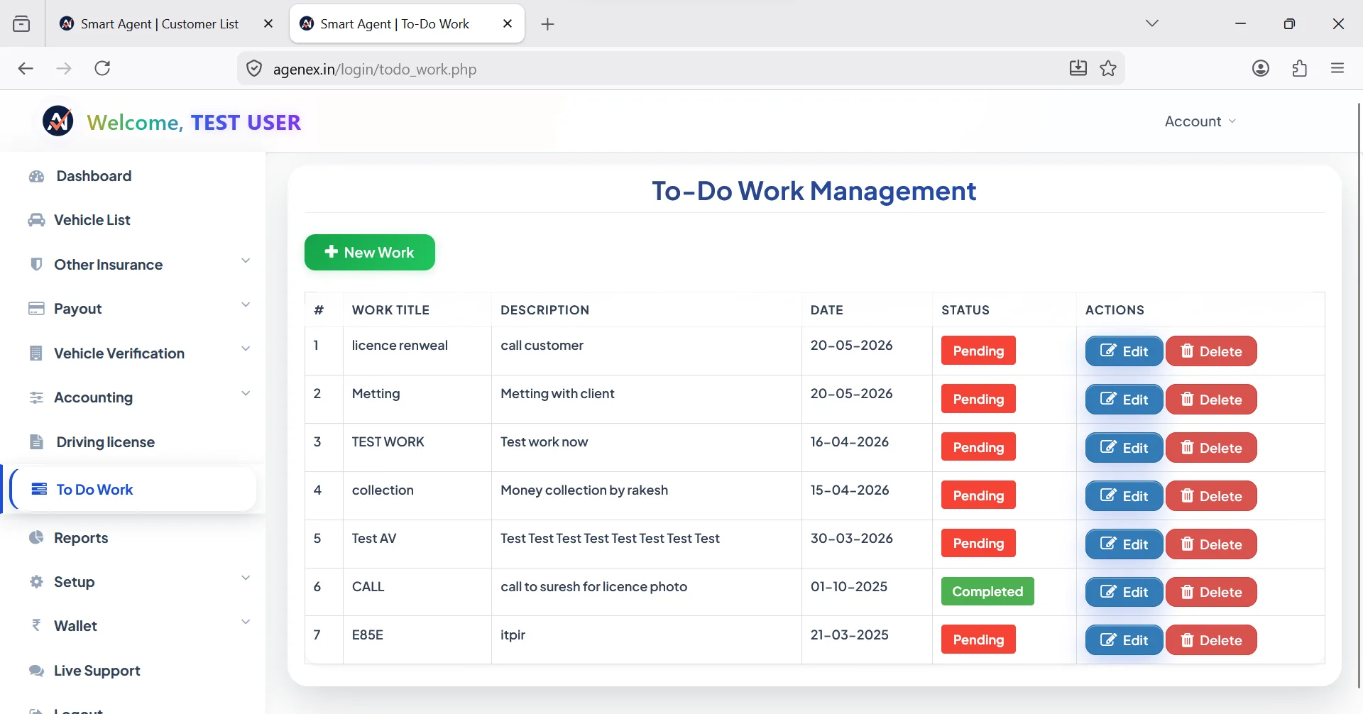 Agenex daily to-do list desktop — call backs, follow-ups, payment chase auto-organised